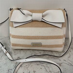 Kate Spade Tan and White Striped Bow Crossbody Bag